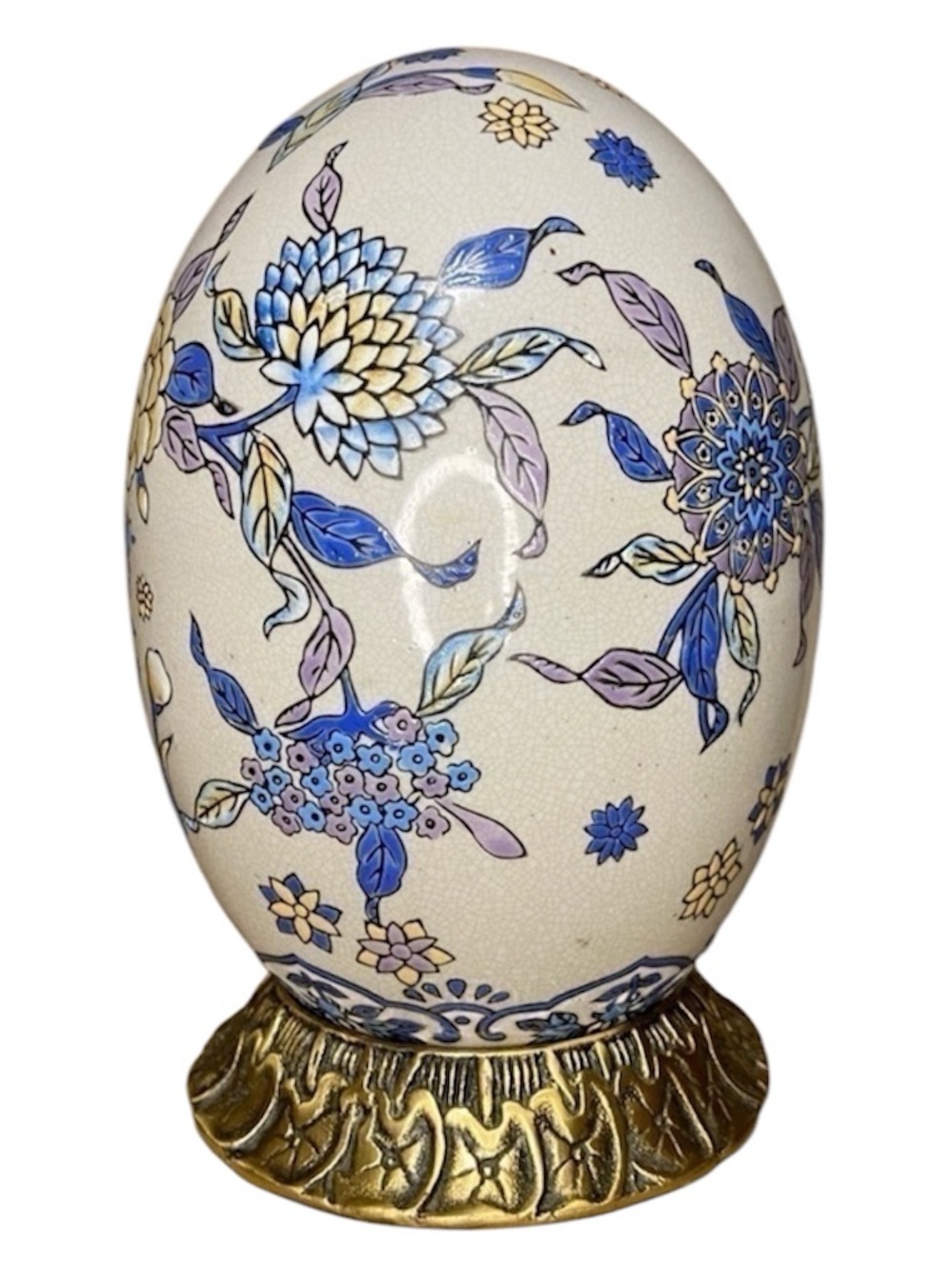 Vintage Chinese Floral Porcelain Hand Painted Egg Bronze Stand 10" Chinoiserie